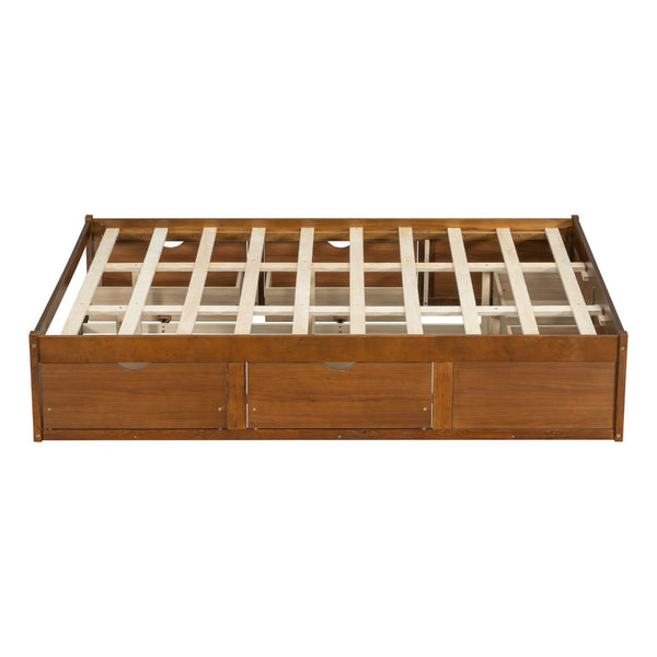 English Elm Queen Platform Bed Solid Pine Frame Six Storage Drawers Low Profile Walnut Finish Walnut W504S00335
