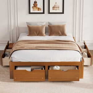 English Elm Queen Platform Bed Solid Pine Frame Six Storage Drawers Low Profile Walnut Finish Walnut W504S00335