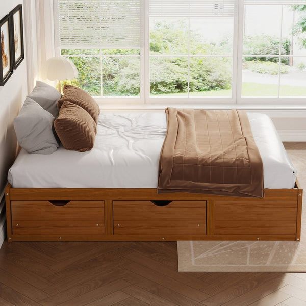 English Elm Queen Platform Bed Solid Pine Frame Six Storage Drawers Low Profile Walnut Finish Walnut W504S00335