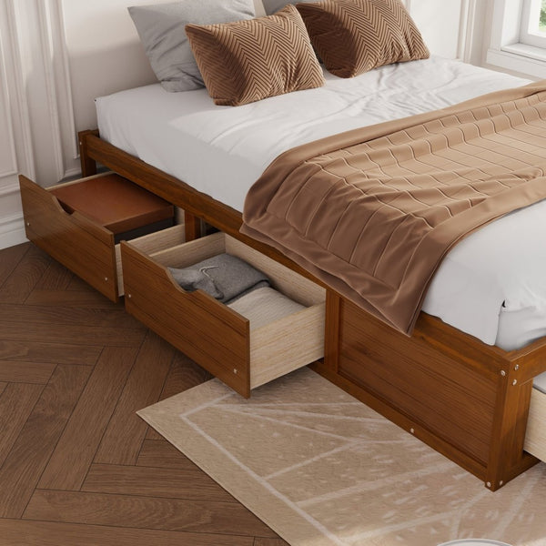 English Elm Queen Platform Bed Solid Pine Frame Six Storage Drawers Low Profile Walnut Finish Walnut W504S00335