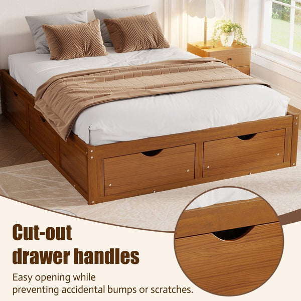 English Elm Queen Platform Bed Solid Pine Frame Six Storage Drawers Low Profile Walnut Finish Walnut W504S00335