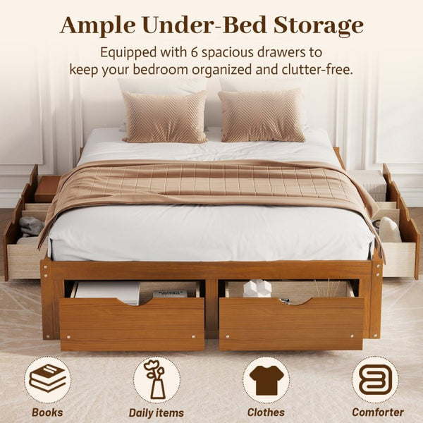 English Elm Queen Platform Bed Solid Pine Frame Six Storage Drawers Low Profile Walnut Finish Walnut W504S00335