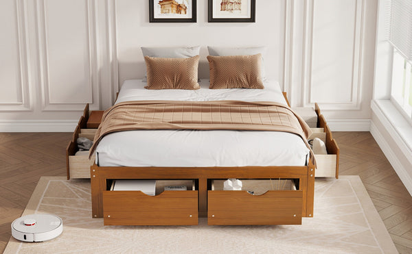 English Elm Queen Platform Bed Solid Pine Frame Six Storage Drawers Low Profile Walnut Finish Walnut W504S00335