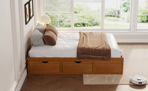 English Elm Queen Platform Bed Solid Pine Frame Six Storage Drawers Low Profile Walnut Finish Walnut W504S00335