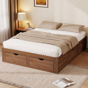 English Elm Queen Platform Bed Solid Pine Frame Six Storage Drawers Low Profile Walnut Finish Light Walnut W504S00336