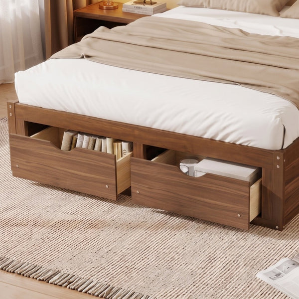 English Elm Queen Platform Bed Solid Pine Frame Six Storage Drawers Low Profile Walnut Finish Light Walnut W504S00336