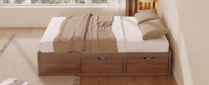 English Elm Queen Platform Bed Solid Pine Frame Six Storage Drawers Low Profile Walnut Finish Light Walnut W504S00336