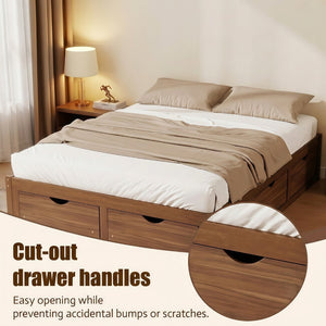 English Elm Queen Platform Bed Solid Pine Frame Six Storage Drawers Low Profile Walnut Finish Light Walnut W504S00336