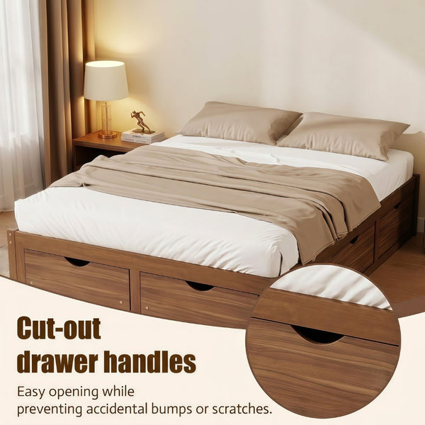 English Elm Queen Platform Bed Solid Pine Frame Six Storage Drawers Low Profile Walnut Finish Light Walnut W504S00336
