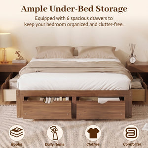 English Elm Queen Platform Bed Solid Pine Frame Six Storage Drawers Low Profile Walnut Finish Light Walnut W504S00336