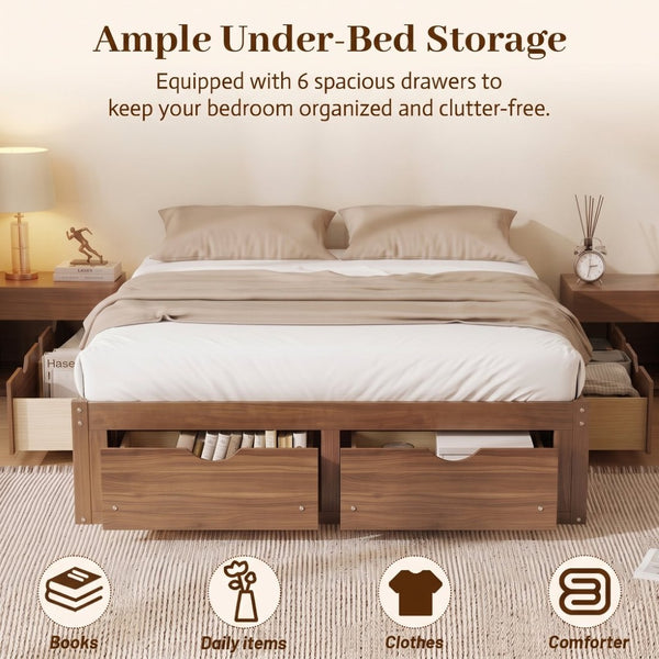 English Elm Queen Platform Bed Solid Pine Frame Six Storage Drawers Low Profile Walnut Finish Light Walnut W504S00336