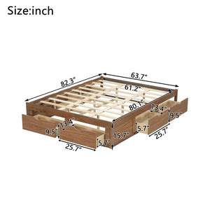 English Elm Queen Platform Bed Solid Pine Frame Six Storage Drawers Low Profile Walnut Finish Light Walnut W504S00336