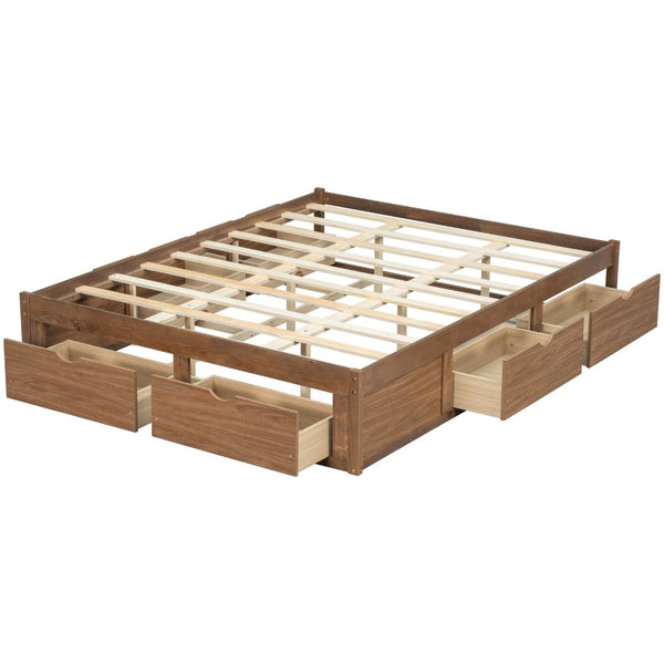 English Elm Queen Platform Bed Solid Pine Frame Six Storage Drawers Low Profile Walnut Finish Light Walnut W504S00336