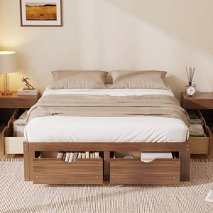 English Elm Queen Platform Bed Solid Pine Frame Six Storage Drawers Low Profile Walnut Finish Light Walnut W504S00336