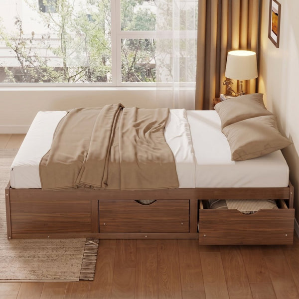 English Elm Queen Platform Bed Solid Pine Frame Six Storage Drawers Low Profile Walnut Finish Light Walnut W504S00336
