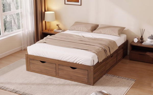 English Elm Queen Platform Bed Solid Pine Frame Six Storage Drawers Low Profile Walnut Finish Light Walnut W504S00336