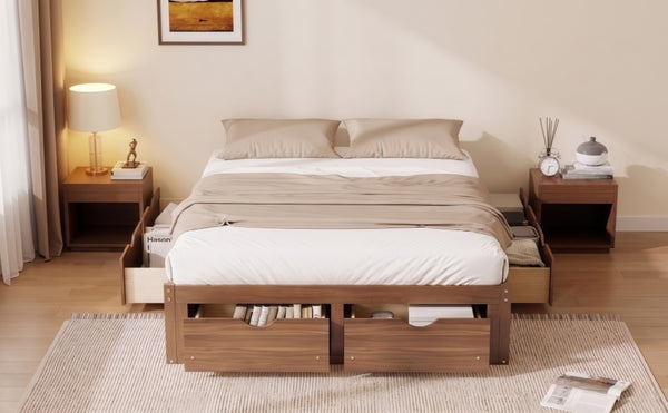 English Elm Queen Platform Bed Solid Pine Frame Six Storage Drawers Low Profile Walnut Finish Light Walnut W504S00336