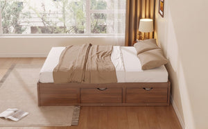 English Elm Queen Platform Bed Solid Pine Frame Six Storage Drawers Low Profile Walnut Finish Light Walnut W504S00336