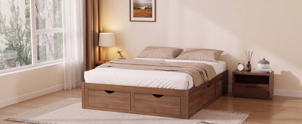 English Elm Queen Platform Bed Solid Pine Frame Six Storage Drawers Low Profile Walnut Finish Light Walnut W504S00336