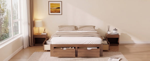 English Elm Queen Platform Bed Solid Pine Frame Six Storage Drawers Low Profile Walnut Finish Light Walnut W504S00336