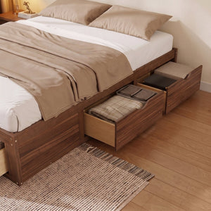 English Elm Queen Platform Bed Solid Pine Frame Six Storage Drawers Low Profile Walnut Finish Light Walnut W504S00336