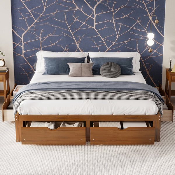 English Elm King Pine Platform Bed with Six Hidden Storage Drawers Low Profile Walnut Finish Walnut W504S00337