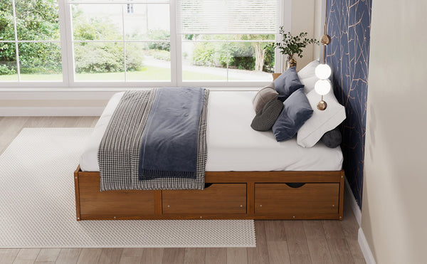 English Elm King Pine Platform Bed with Six Hidden Storage Drawers Low Profile Walnut Finish Walnut W504S00337