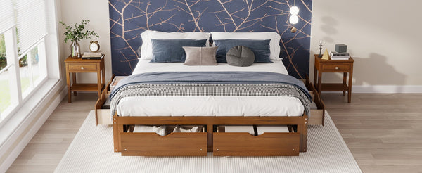 English Elm King Pine Platform Bed with Six Hidden Storage Drawers Low Profile Walnut Finish Walnut W504S00337
