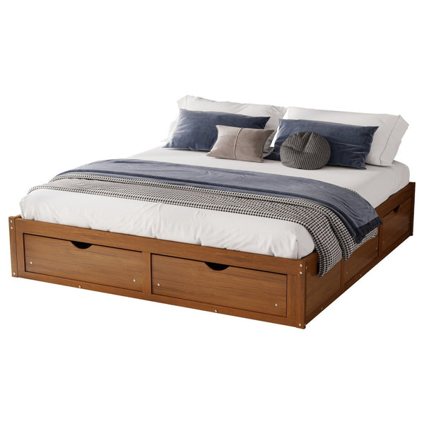 English Elm King Pine Platform Bed with Six Hidden Storage Drawers Low Profile Walnut Finish Walnut W504S00337