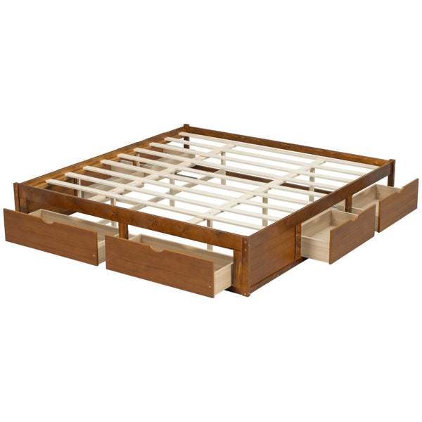 English Elm King Pine Platform Bed with Six Hidden Storage Drawers Low Profile Walnut Finish Walnut W504S00337