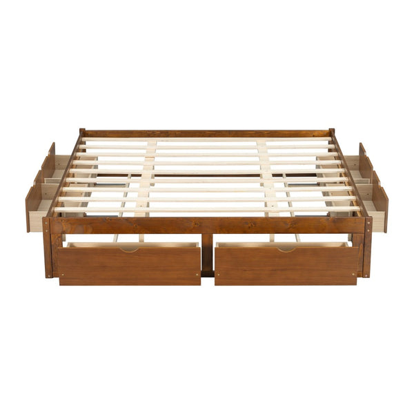 English Elm King Pine Platform Bed with Six Hidden Storage Drawers Low Profile Walnut Finish Walnut W504S00337