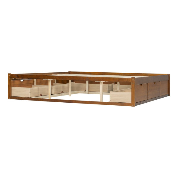 English Elm King Pine Platform Bed with Six Hidden Storage Drawers Low Profile Walnut Finish Walnut W504S00337