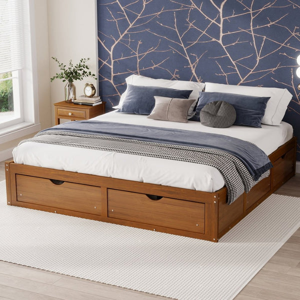 English Elm King Pine Platform Bed with Six Hidden Storage Drawers Low Profile Walnut Finish Walnut W504S00337
