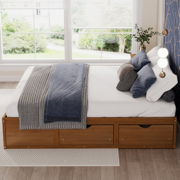 English Elm King Pine Platform Bed with Six Hidden Storage Drawers Low Profile Walnut Finish Walnut W504S00337
