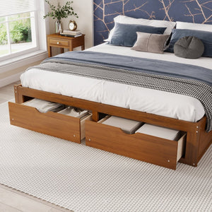 English Elm King Pine Platform Bed with Six Hidden Storage Drawers Low Profile Walnut Finish Walnut W504S00337