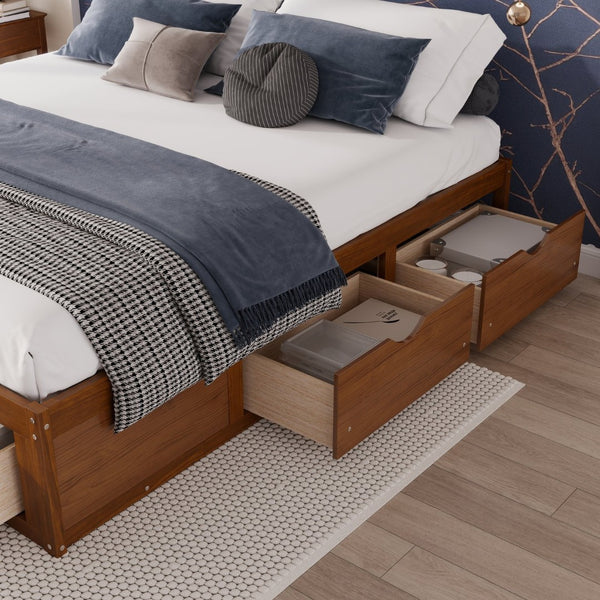 English Elm King Pine Platform Bed with Six Hidden Storage Drawers Low Profile Walnut Finish Walnut W504S00337