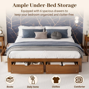 English Elm King Pine Platform Bed with Six Hidden Storage Drawers Low Profile Walnut Finish Walnut W504S00337