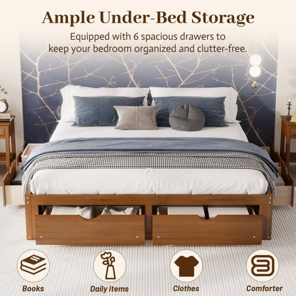 English Elm King Pine Platform Bed with Six Hidden Storage Drawers Low Profile Walnut Finish Walnut W504S00337