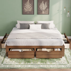English Elm King Pine Platform Bed with Six Hidden Storage Drawers Low Profile Walnut Finish Natural Walnut W504S00338