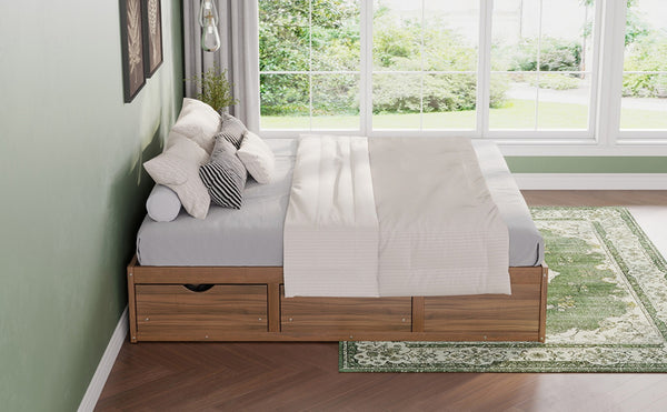 English Elm King Pine Platform Bed with Six Hidden Storage Drawers Low Profile Walnut Finish Natural Walnut W504S00338