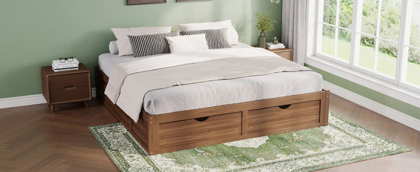 English Elm King Pine Platform Bed with Six Hidden Storage Drawers Low Profile Walnut Finish Natural Walnut W504S00338