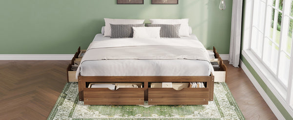 English Elm King Pine Platform Bed with Six Hidden Storage Drawers Low Profile Walnut Finish Natural Walnut W504S00338