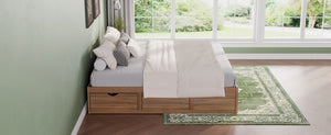 English Elm King Pine Platform Bed with Six Hidden Storage Drawers Low Profile Walnut Finish Natural Walnut W504S00338