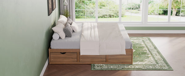 English Elm King Pine Platform Bed with Six Hidden Storage Drawers Low Profile Walnut Finish Natural Walnut W504S00338