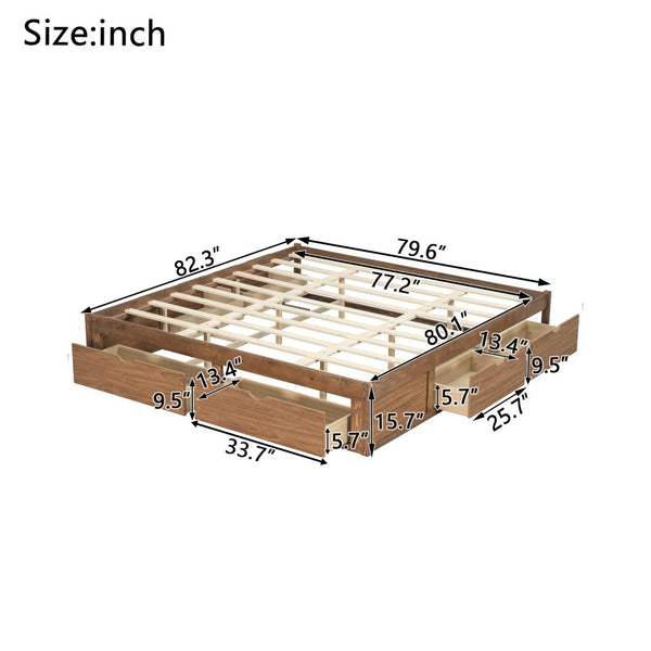 English Elm King Pine Platform Bed with Six Hidden Storage Drawers Low Profile Walnut Finish Natural Walnut W504S00338