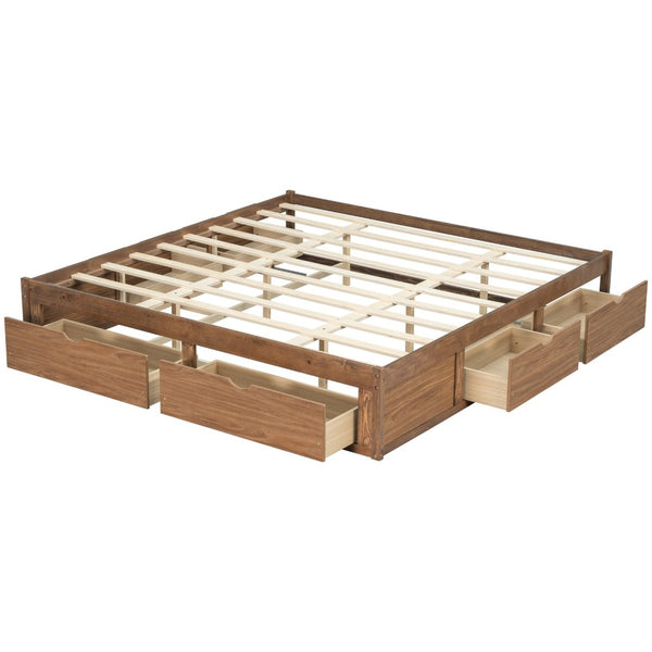 English Elm King Pine Platform Bed with Six Hidden Storage Drawers Low Profile Walnut Finish Natural Walnut W504S00338