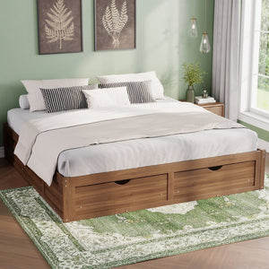 English Elm King Pine Platform Bed with Six Hidden Storage Drawers Low Profile Walnut Finish Natural Walnut W504S00338
