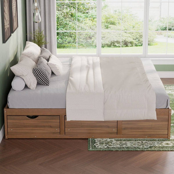 English Elm King Pine Platform Bed with Six Hidden Storage Drawers Low Profile Walnut Finish Natural Walnut W504S00338