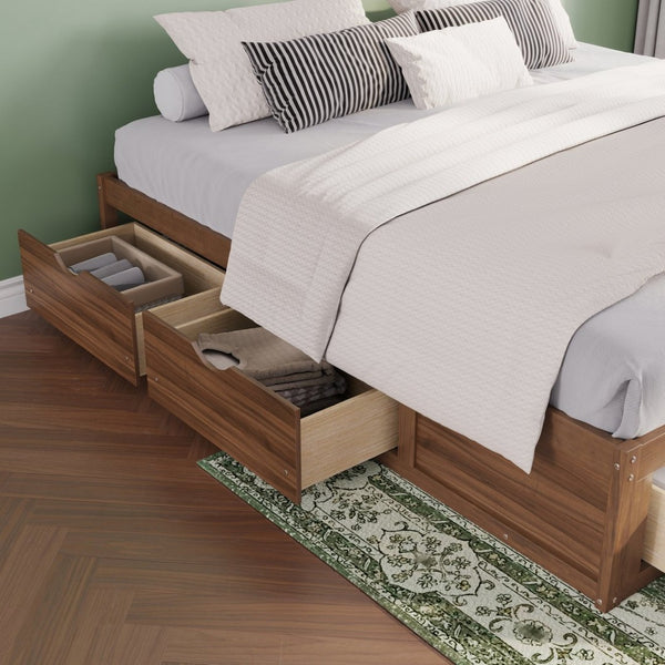 English Elm King Pine Platform Bed with Six Hidden Storage Drawers Low Profile Walnut Finish Natural Walnut W504S00338