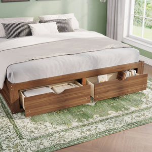 English Elm King Pine Platform Bed with Six Hidden Storage Drawers Low Profile Walnut Finish Natural Walnut W504S00338